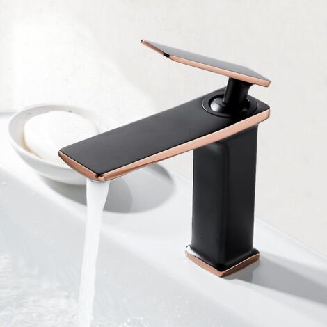 Robinet de salle de bain cascade noir à poignée unique en laiton de haute qualité pour lavabo carré (1/4)