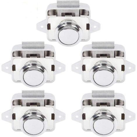 Ensemble de 5 pièces argentées comprenant un loquet de porte à bouton-poussoir et une poignée de placard pour camping-car ou caravane. (1/5)