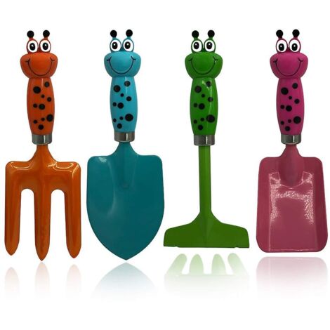 Ensemble de 4 outils de jardinage en métal pour enfants : jouets sûrs pour planter, creuser et repiquer dans la terre (1/4)