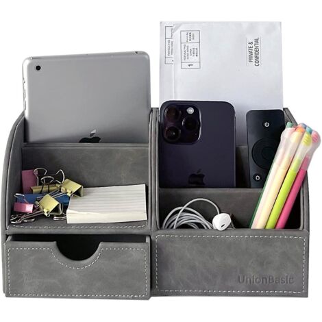 Organiseur de bureau Unionbasic, organiseur de bureau multifonctionnel en cuir, porte-stylo - Biness Porte-cartes/stylo/crayon/téléphone portable/articles de papeterie Stora en cuir huilé gris (1/5)