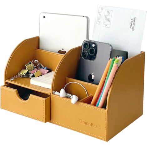 Organiseur de bureau Unionbasic, organiseur de bureau multifonctionnel en cuir, porte-stylo - Biness, porte-cartes/stylo/crayon/téléphone portable/articles de papeterie StoraMineral Jaune (1/5)