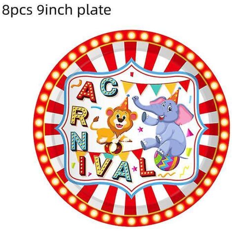 Kit de fête d'anniversaire sur le thème du cirque et du carnaval : assiettes, gobelets, serviettes, nappe, ballons, banderole – Décorations pour une fête sur le thème des animaux – Assiettes de 23 cm  (1/4)