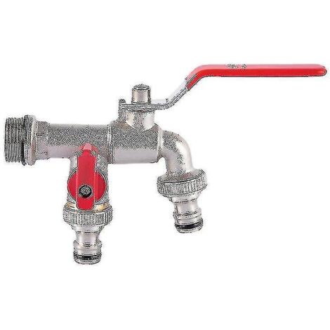 Robinet de jardin extérieur à double sortie 1/2" / 3/4" en laiton résistant au gel, raccord pour tuyau d'arrosage et réservoir d'eau, rouge (1/5)