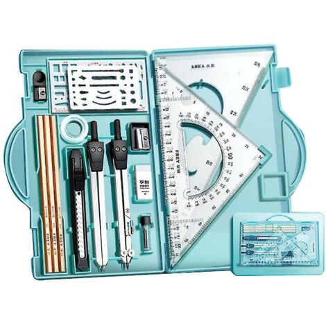 Coffret d'architecte, coffret de géométrie professionnelle, compas et rapporteur, outils de dessin technique, bleu Morandi