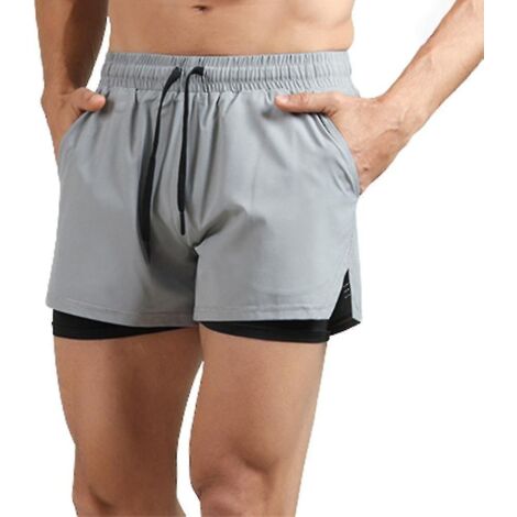 Short de sport double couche pour homme avec poche zippée, respirant et à séchage rapide, idéal pour l'entraînement et le cyclisme - Taille 2XL - Gris (1/4)