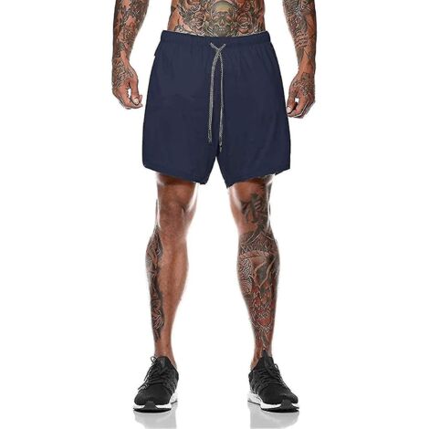 Short de sport 2 en 1 pour homme, idéal pour la course, la gym et l'entraînement. Séchage rapide. Taille XXL. Bleu foncé. (1/3)