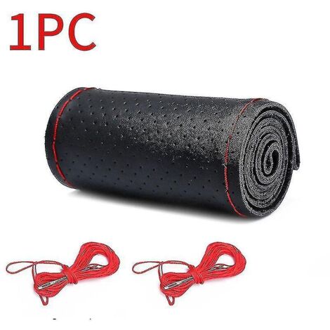 Housse de volant en cuir véritable haut de gamme 37-38 cm, revêtement tressé antidérapant, protection de volant en cuir de vachette, modèle JB51-2 Style 2 rouge (1/5)