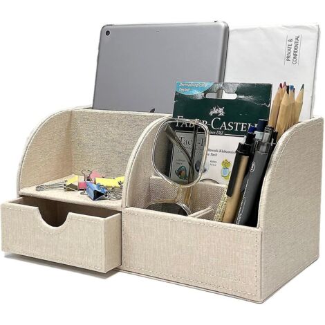 Organiseur de bureau Unionbasic, organiseur de bureau multifonctionnel en cuir, porte-stylo - Biness Porte-cartes/stylo/crayon/téléphone portable/articles de papeterie StoraBeige Texture lin révisée (1/4)