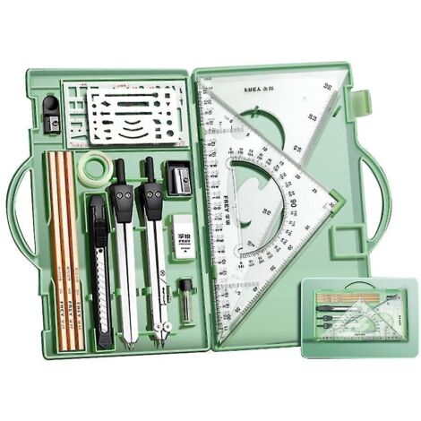 Coffret d'architecte, coffret de géométrie professionnelle, ensemble compas et rapporteur, outils de dessin technique Morandi Green (1/5)