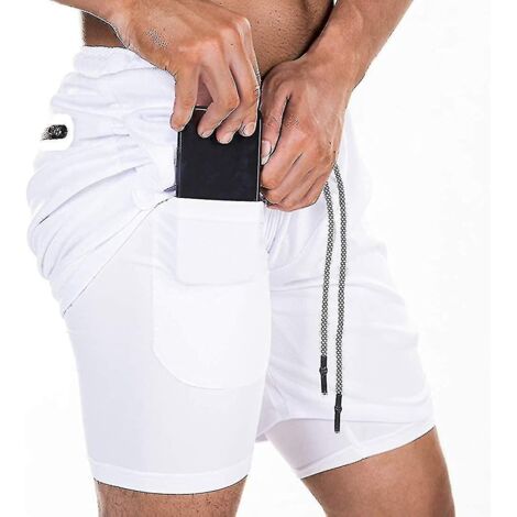 Short de sport 2 en 1 pour homme, idéal pour la course, la salle de sport et l'entraînement. Séchage rapide. Taille XL. Blanc. (1/3)