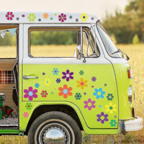 60 autocollants de fleurs pour voiture, thème hippie années 60, autocollants marguerites multicolores en vinyle, autocollants rétro colorés. (1/3)