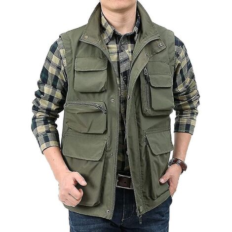 Gilet d'extérieur pour homme, idéal pour le travail, les safaris et la pêche. Léger, il convient aussi bien aux voyages qu'à la photographie. Gilet cargo - Taille XL - Vert (1/5)