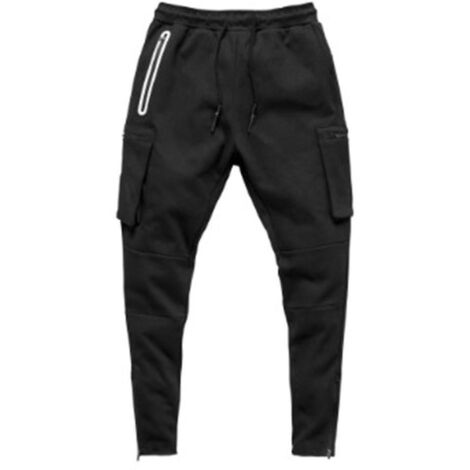 Pantalon cargo de sport européen/américain pour homme, camouflage, idéal pour le fitness, la course et l'entraînement. Fermeture éclair tendance - Taille M - Noir - 2 (1/5)