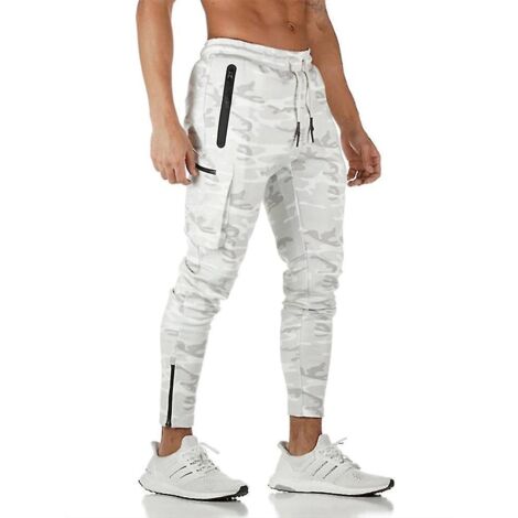 Pantalon cargo de sport européen/américain pour homme, camouflage, idéal pour le fitness, la course et l'entraînement. Fermeture éclair. Taille XXL. Camouflage blanc. (1/5)