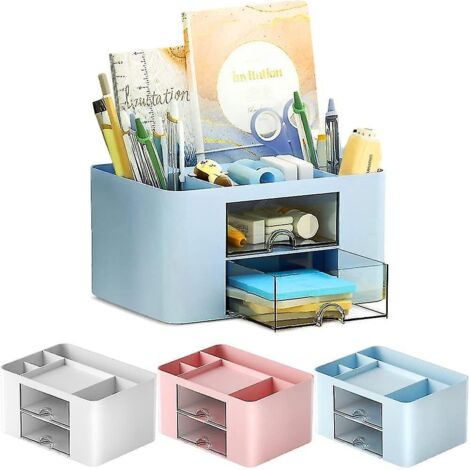 Organiseur de bureau, organiseur de table en plastique avec tiroir, porte-stylos, pour bureau, maison, école (bleu) (1/5)