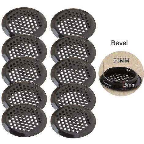 Lot de 10 grilles d'aération circulaires noires de 19 à 53 mm pour soffite, en acier inoxydable, à persiennes inclinées (53 mm). (1/5)