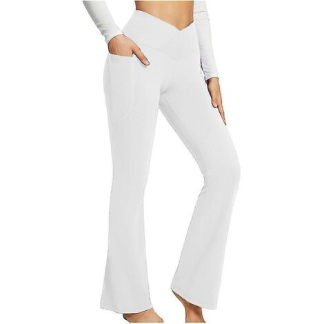 Pantalon de yoga bootcut avec poches pour femme, taille haute, effet ventre plat, pantalon de travail pour femme - L - Blanc (1/5)