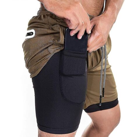 Short de sport 2 en 1 pour homme, idéal pour la course, la salle de sport et l'entraînement. Séchage rapide. Taille XXL. Couleur kaki. (1/3)