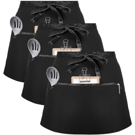Lot de 3 tabliers de taille gratuits, tabliers noirs de serveur/serveuse avec 2 poches, demi-tablier pour bistro, restaurant ou jardinage (hommes) (1/5)