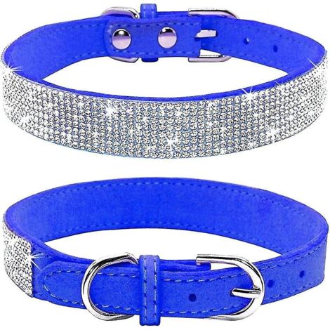 Collier pour chien orné de strass, mignon et scintillant, en cuir suédé doux, pour chien ou chat, avec strass et cristaux (XS, Noir) - XS - Bleu foncé (1/3)