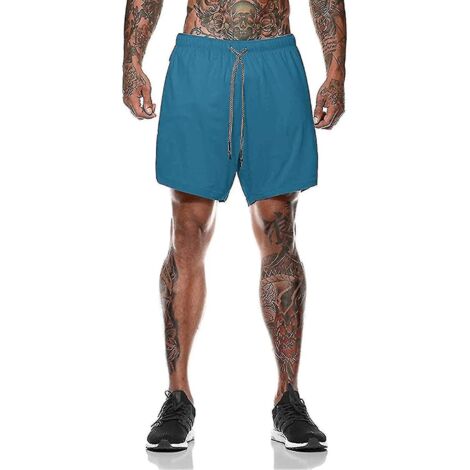 Short de sport 2 en 1 pour homme, idéal pour la course, la salle de sport et l'entraînement. Séchage rapide. Taille XL. Bleu. (1/3)