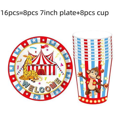 Kit de 16 pièces pour une fête d'anniversaire sur le thème du cirque et du carnaval : assiettes, gobelets, serviettes, nappe, ballons et banderole. Décorations pour une fête sur le thème des animaux. (1/4)