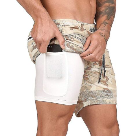 Short de sport 2 en 1 pour homme, idéal pour la course, la salle de sport et l'entraînement. Séchage rapide. Couleur : Beige camouflage. (1/4)