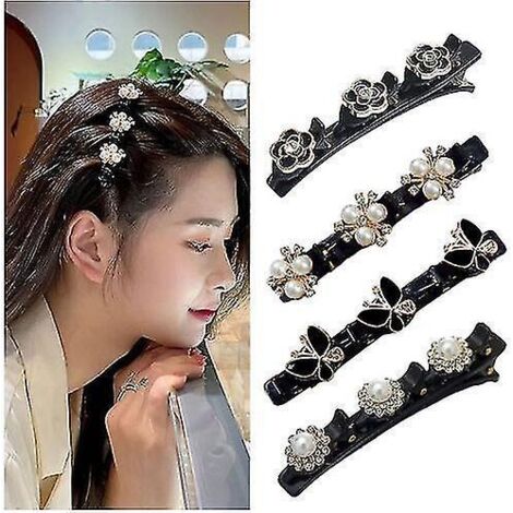 Lot de 4 pinces à cheveux tressées ornées de pierres en cristal scintillantes, pince à cheveux latérale à trois fleurs, pinces pour séparer les mèches de cheveux, pour filles et femmes. (1/5)
