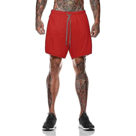 Short de sport 2 en 1 pour homme, idéal pour la course, la salle de sport et l'entraînement. Séchage rapide. Taille M, rouge.