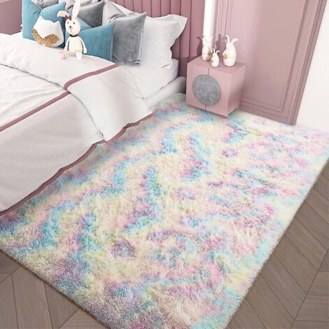 Tapis de chambre pour fille, luxueux, moelleux et ultra doux, motif arc-en-ciel, mignon et coloré, idéal pour la chambre d'enfant et la maison. (1/5)