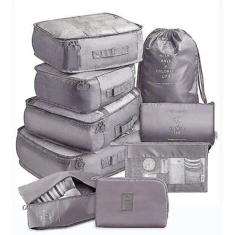 Ensemble de 9 pochettes de rangement de voyage, sacs de voyage portables, idéal pour ranger chaussures et vêtements dans votre valise. Gris. (1/5)