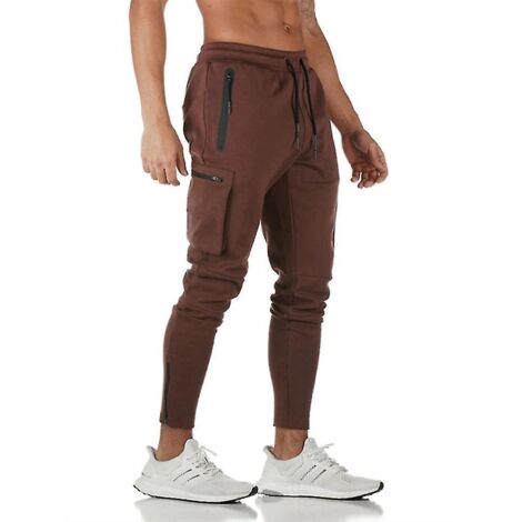 Pantalon cargo de sport européen/américain pour homme, camouflage, idéal pour le fitness, la course et l'entraînement. Fermeture éclair tendance. Taille XXL, rouge bordeaux. (1/5)