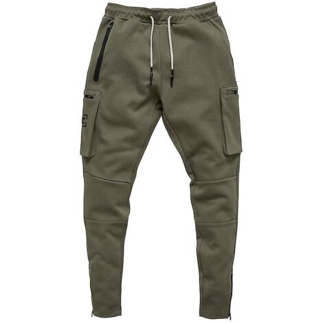 Pantalon cargo de sport européen/américain pour homme, camouflage, idéal pour le fitness, la course et l'entraînement. Fermeture éclair tendance. Taille L, vert armée. (1/5)