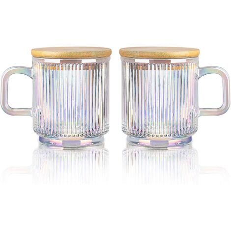 Ensemble de 2 tasses à café en verre irisé de 340 ml, avec couvercle et bords côtelés. (1/5)
