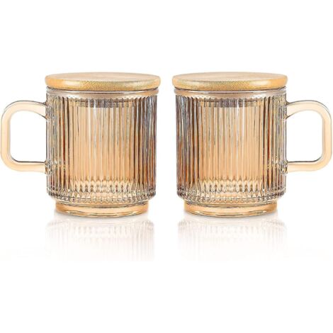 Ensemble de 2 tasses à café en verre irisé de 340 ml avec couvercle, finition côtelée, marron (1/5)