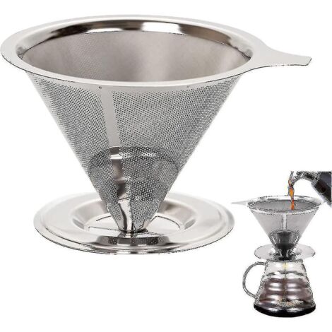 Filtre à café en acier inoxydable, porte-filtre à café conique réutilisable, filtre à café permanent, porte-filtre à café en métal avec base sans papier. (1/5)