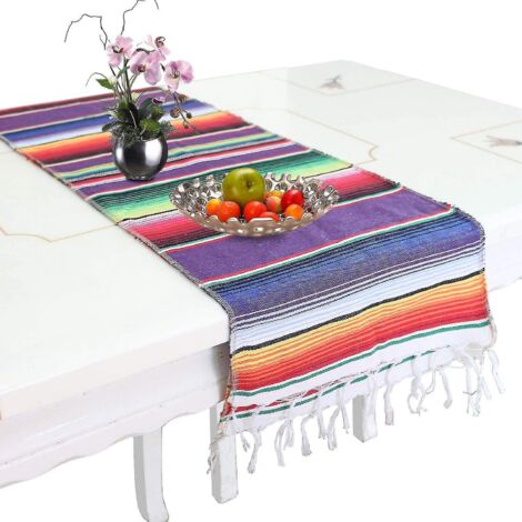 Chemin de table style mexicain, tissé en coton, lavable, 35 x 213 cm, Qi Cheng (1/5)