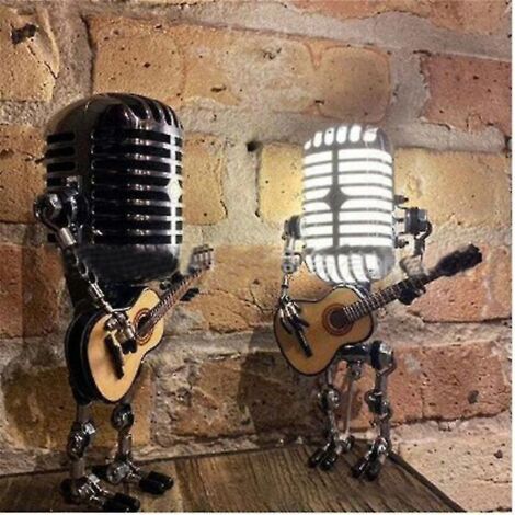 Lampe robot avec microphone USB style rétro tenant une guitare et lumière, décoration vintage pour la maison (1/3)