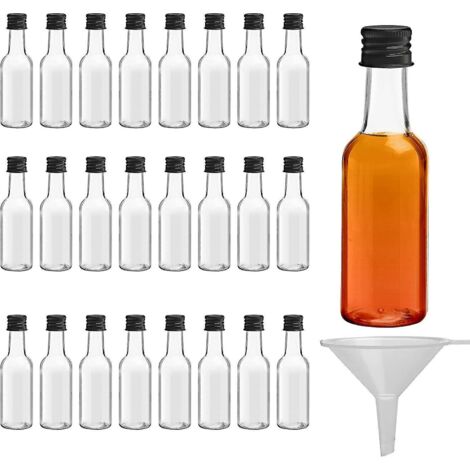 Mini bouteilles d'alcool (lot de 24) - Bouteilles d'alcool vides réutilisables en plastique de 50 ml avec bouchons à vis noirs et entonnoir pour un remplissage facile - (1/5)