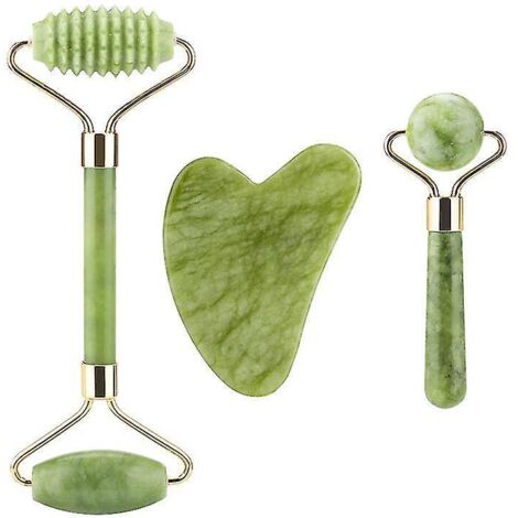 Kit de massage facial 3 en 1 Gua Sha à double tête en pierre de jade pour lifting, relaxation et amincissement du visage - outil de beauté Gua Sha uniquement - (1/5)
