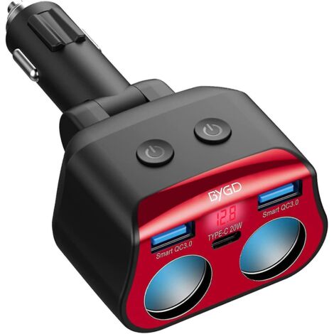 Adaptateur allume-cigare 12 V/24 V à 2 prises avec connecteur USB Type C + 2 ports QC 3.0 et voltmètre LED intégré. (1/5)