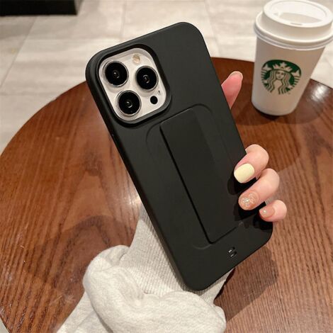 Étui avec dragonne et support de main compatible avec iPhone 14 Pro Max/14 Pro/14 Plus/14 - Silicone souple antichoc - Noir - pour 14 Plus (1/5)