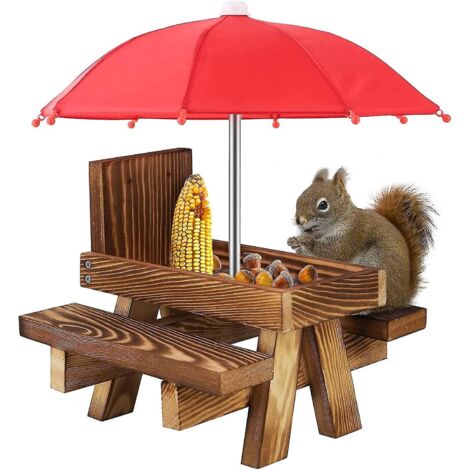 Mangeoire à écureuils résistante aux intempéries, table de pique-nique pour écureuils, table d'alimentation en bois pour écureuils avec parasol (1/5)