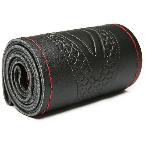 Housse de volant universelle en cuir véritable gaufré de 37 à 38 cm, en cuir de vachette tressé avec fil rouge. (1/5)