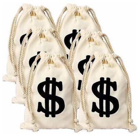 Lot de 6 sacs à cordon en toile, sacs cadeaux, motif dollar (1/4)