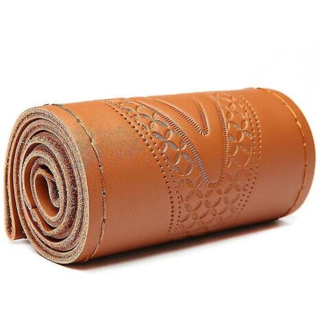 Housse de volant universelle en cuir véritable gaufré marron, 37-38 cm, avec coutures aiguilletées. (1/5)