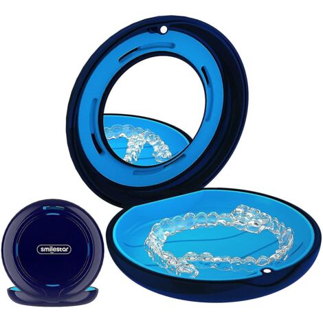 Étui de contention fin avec trous d'aération et miroir, compatible avec les gouttières Invisalign (protection nocturne et protège-dents), bleu. (1/5)