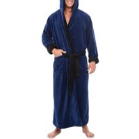 Peignoir long en polaire pour homme, avec capuche, idéal pour la nuit - Taille 4XL - Bleu foncé et noir