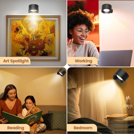 Applique Murale LED Sans Fil - 2 Pièces - 3 Couleurs, 4 Intensités, Rotative 360° - Batterie USB-C, Adhésif 3M