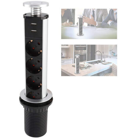 Multiprise, Rétractable et multifonctionnelle, Design escamotable, 3 prises + 2 ports USB, idéale pour les plans de travail de bureau et cuisine, OUYLAF